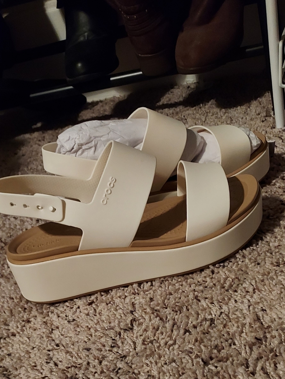CROCS Women's Off White Double Strap Sandals-brooklyn Low Wedge - Picture 3 of 3